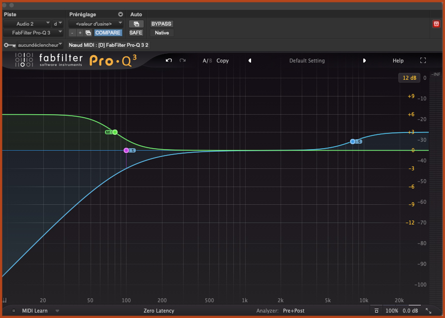 Deux courbes EQ M/S sur un même graphe : courbe Mid avec boost sub bass, courbe Side avec boost dans les aigus et coupe dans les graves