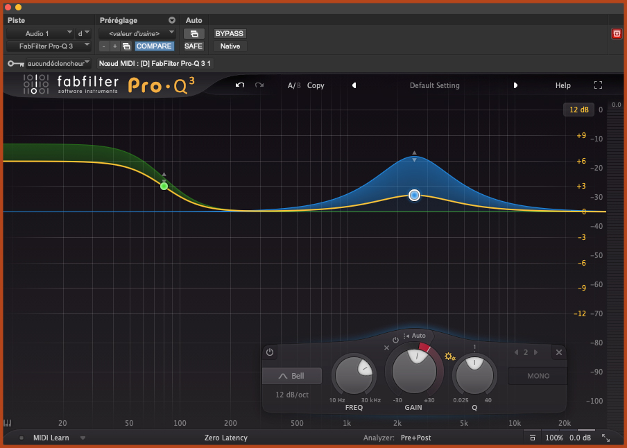 Représentation d'un EQ dynamique avec deux courbes : la réponse en amplitude faible et la réponse en amplitude forte montrant comment le filtre s'active davantage quand le signal est fort