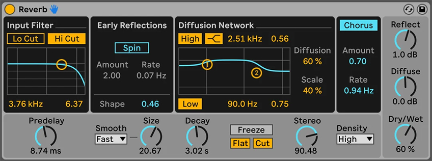 Interface de la reverb Ableton Live divisée en 4 zones : Input Processing, Early Reflections, Global, Diffusion Network