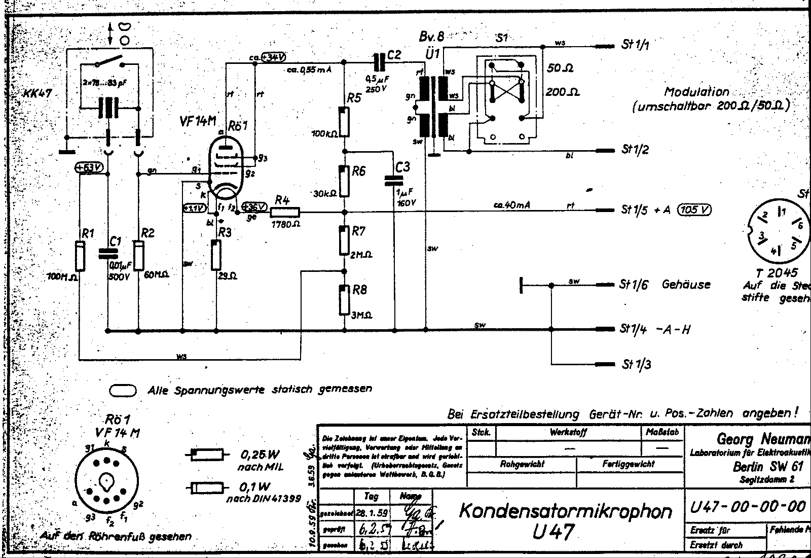 Schéma électronique du Neumann U47 avec capsule, VF14 et BV08